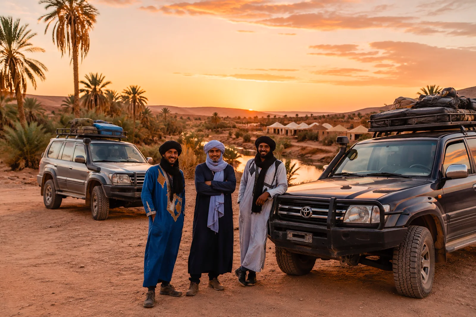Illustrazione di tre persone accanto a un fuoristrada in Marocco